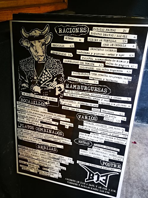 Carta del restaurante vegano y barato B13 en Malasaña