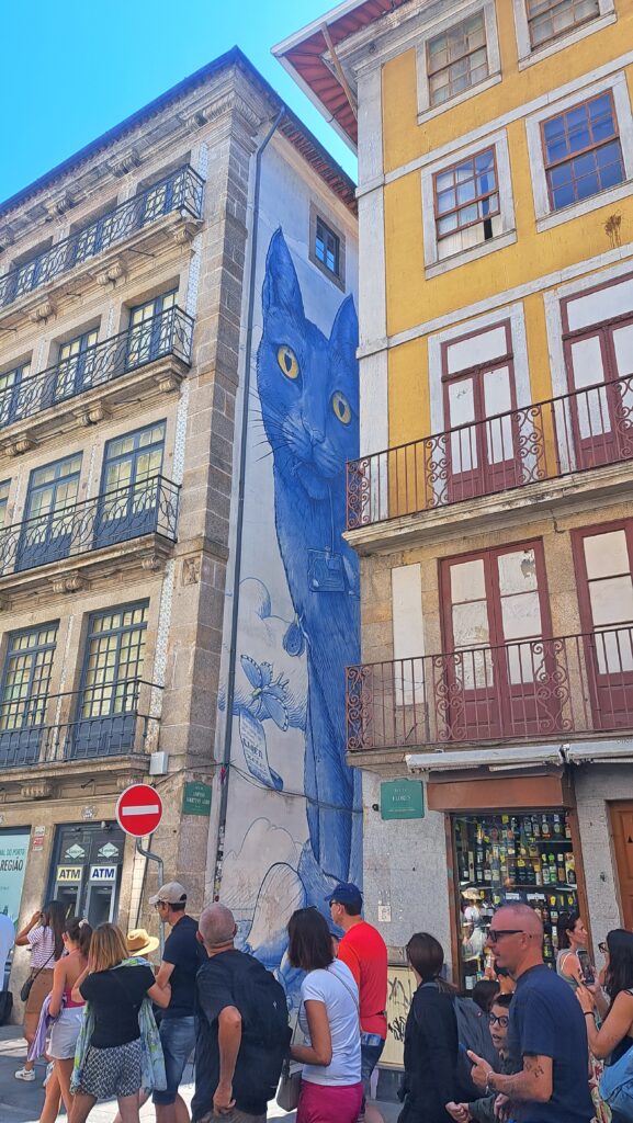 Mural del gato azul en Rúa das Flores, Oporto